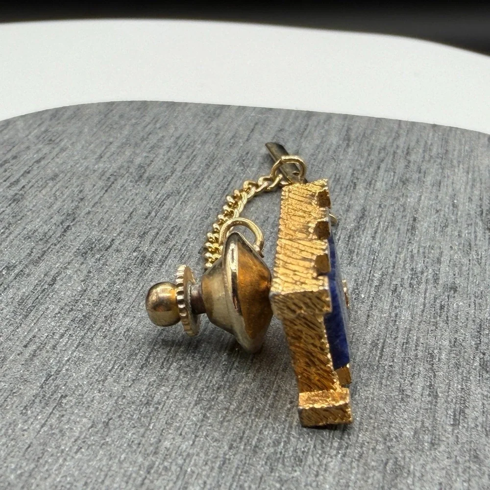 Gold Tone Blue Stone Tie Tack Lapel Pin Textured Square Chain Bar Gift for Him